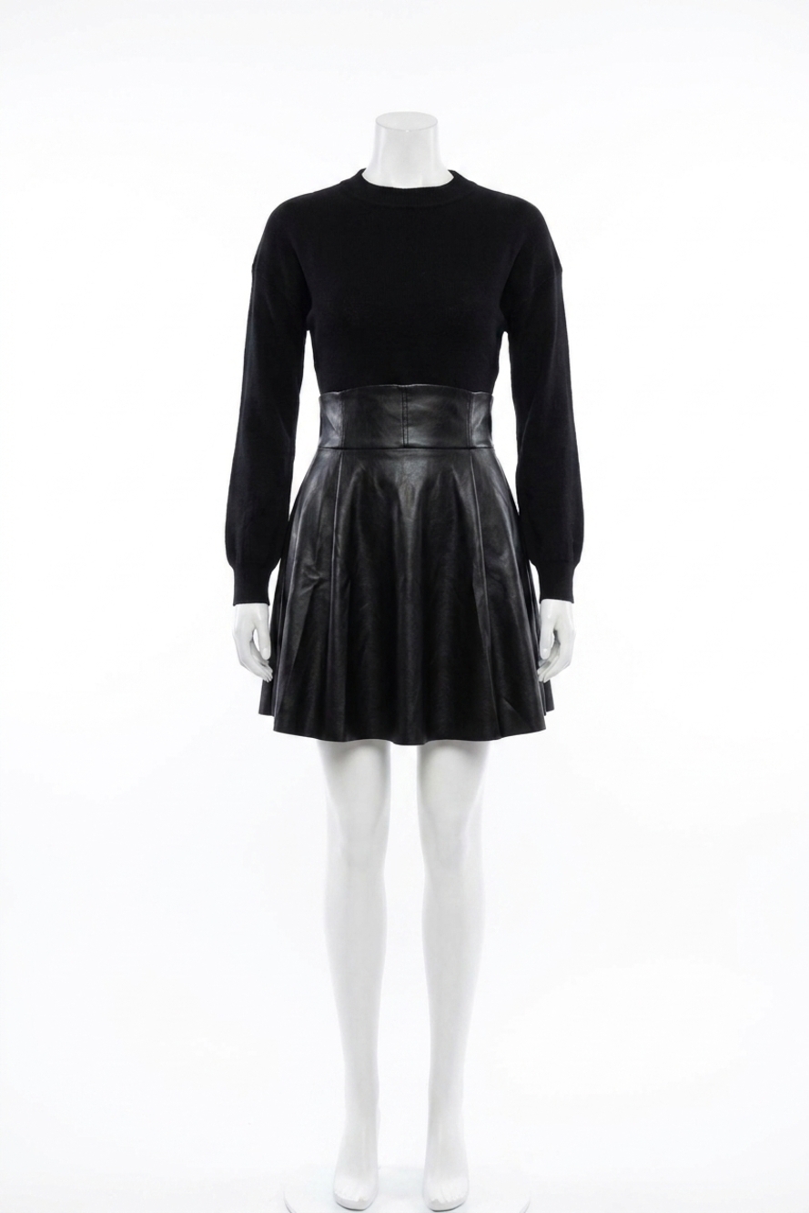 NEW FATE mixed media corset waist faux leather dress in black